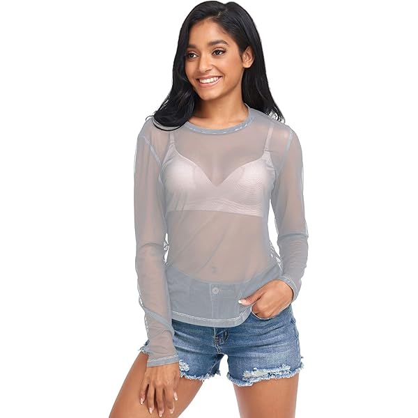 Dark Gray Sexy Plus Size Mesh Shirt Women Sheer See Through Top XL